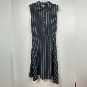 Vanessa Zane 100% Linen Midi Dress Made in Italy Navy Blue Striped Sleeveless M